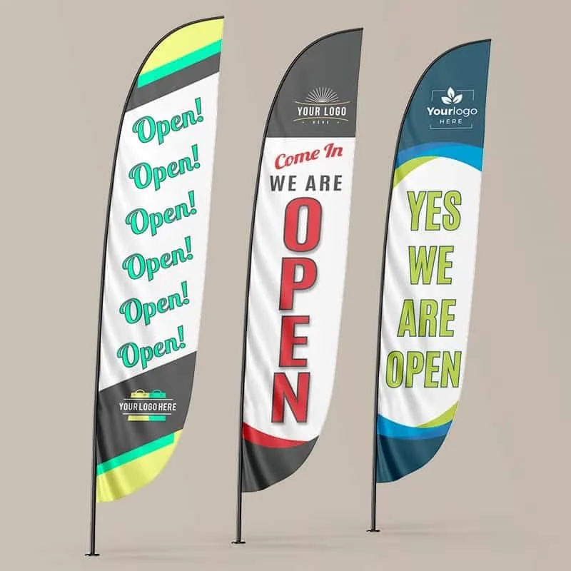 Product illustration showing colorful feather flags with We Are Open messaging