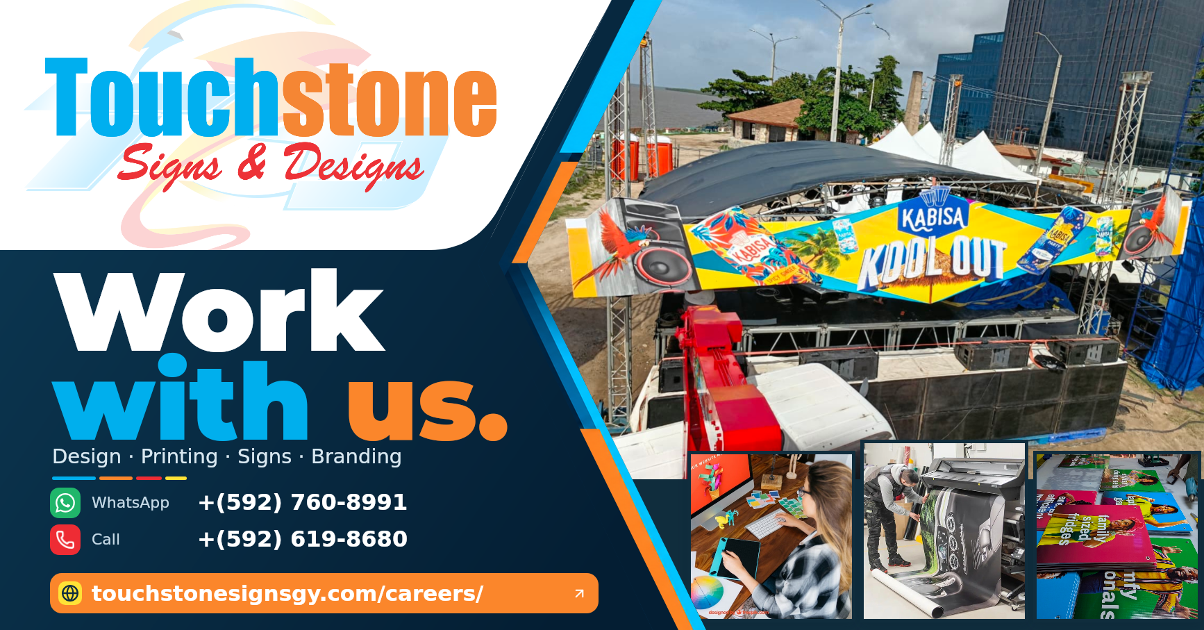 Touchstone careers cover featuring the Kool Out stage and work in design, printing and sign production